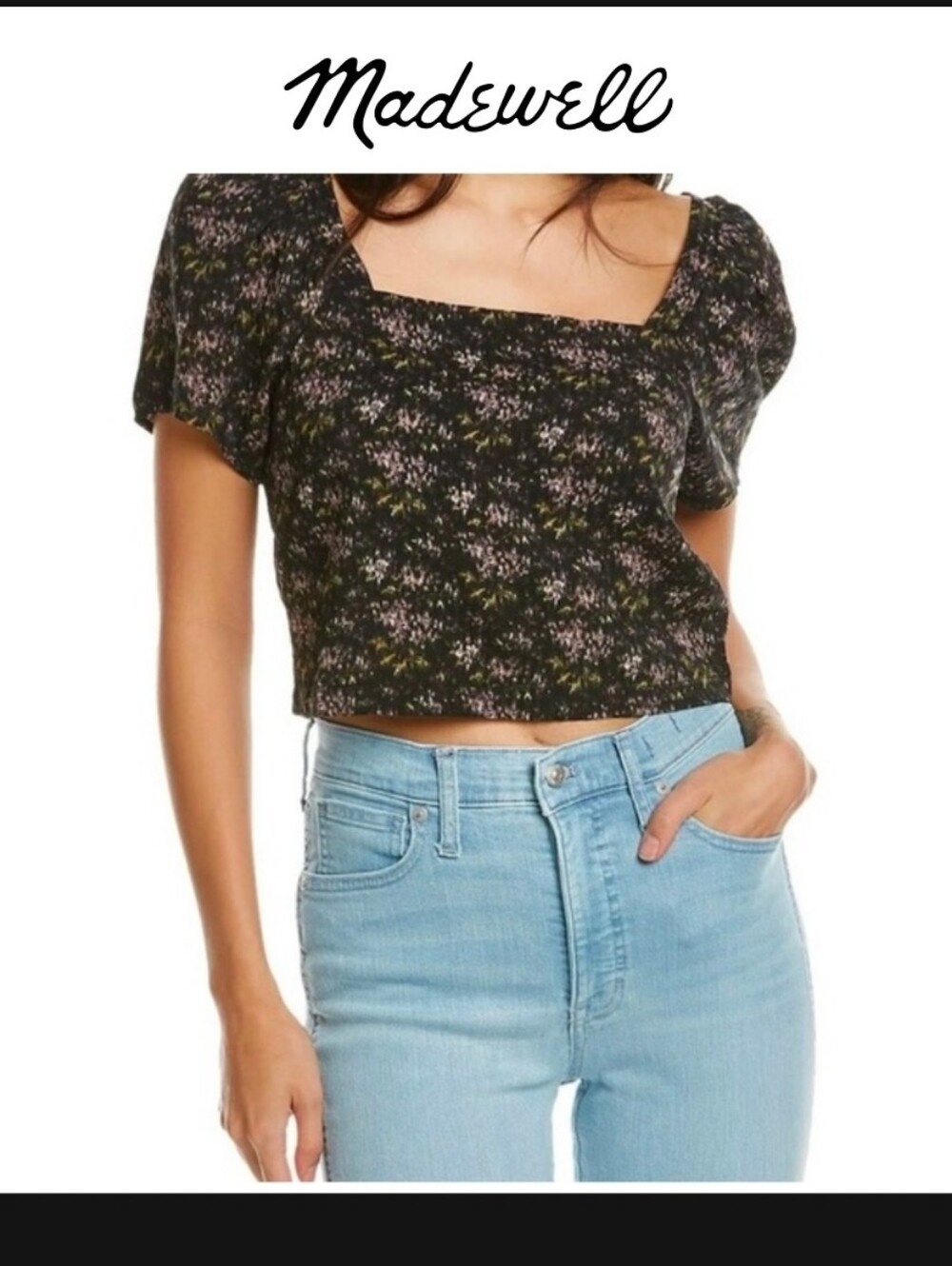 Madewell Gemma Black Floral Top Puff Sleeve Smocked Cropped Womens Size Medium.